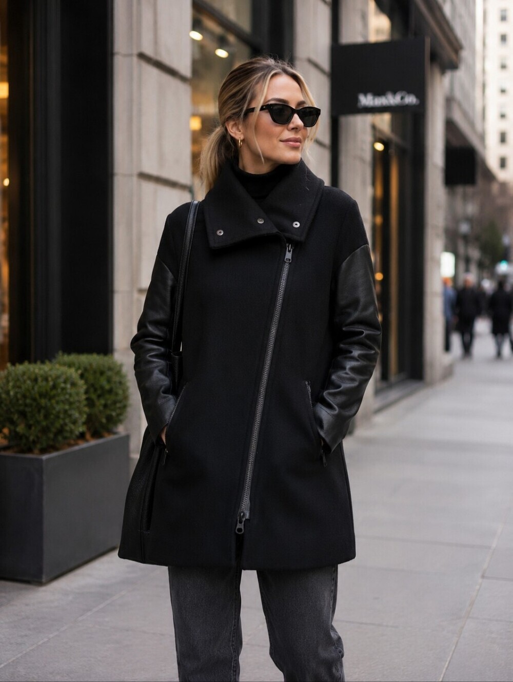 MACKAGE WOOL & LEATHER ZIP COAT JACKET BLACK LUXURY OUTERWEAR SIZE M/L